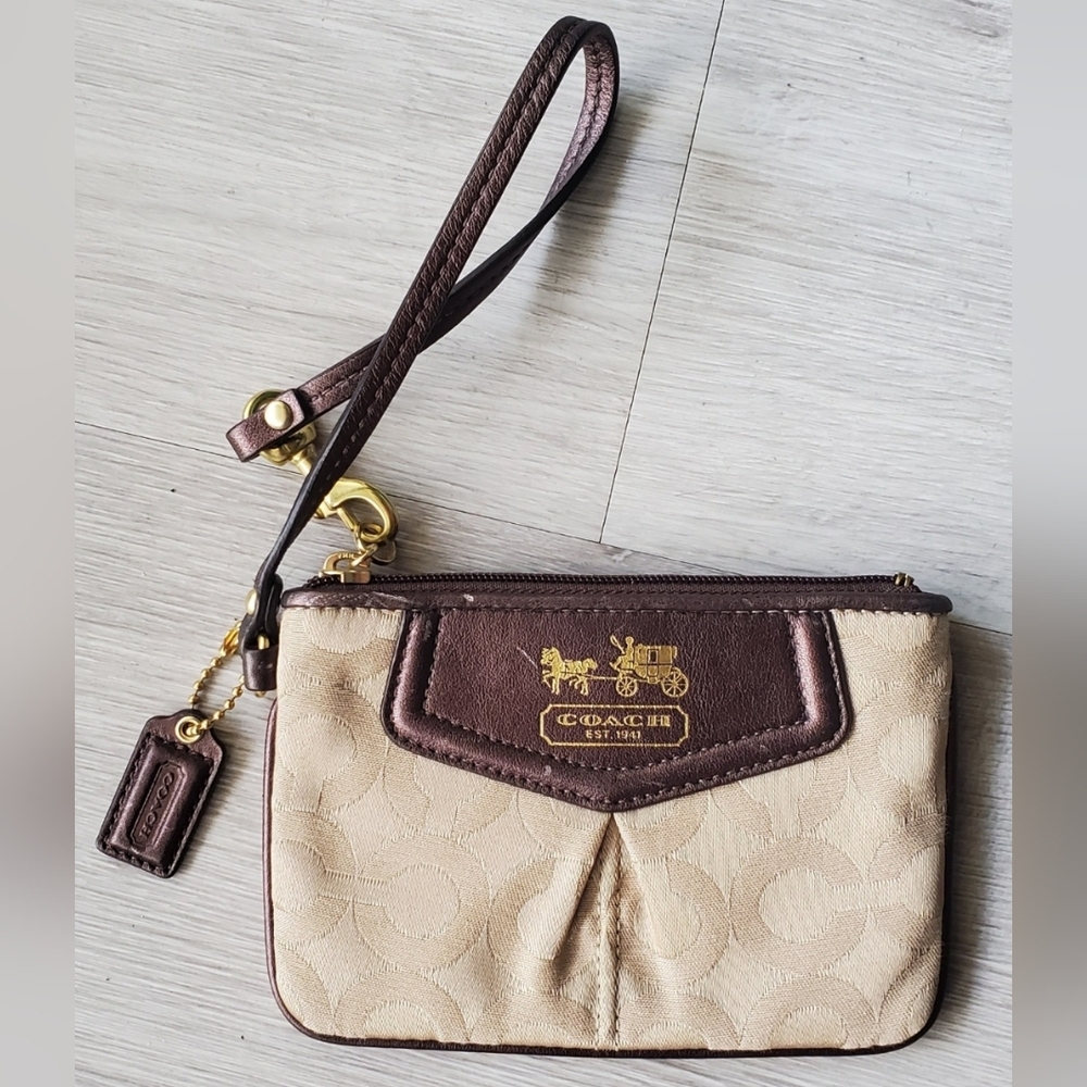 Coach Brown and Cream Wristlet with Gold Accents